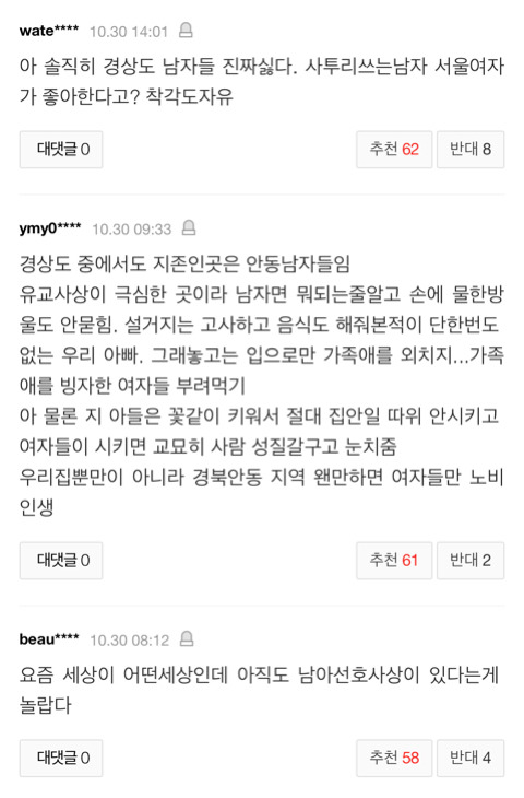 경북출신 男과 결혼하면 하루 65분 집안일 더 한단 기사의 댓글 | 인스티즈
